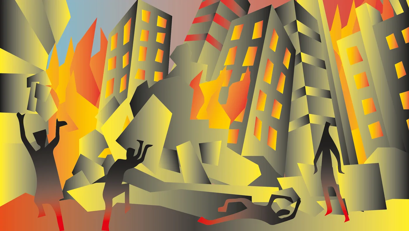 Poster World 1: una città che brucia, in gialli e arancioni.
