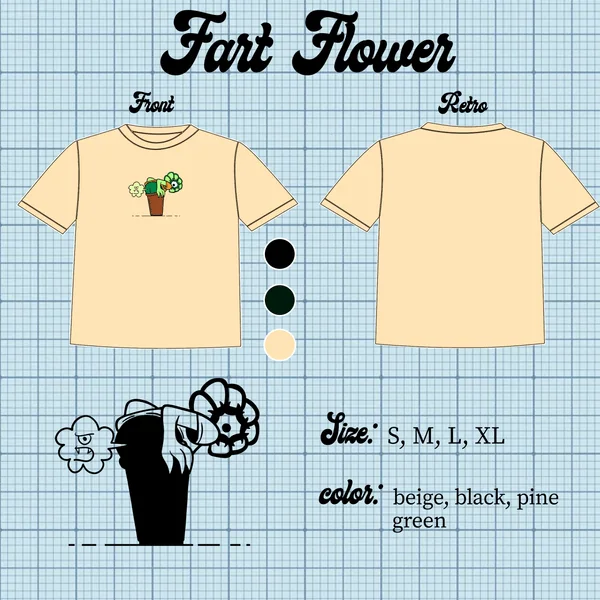 Scheda tecnica della t-shirt «Fart Flower»: fronte e retro in beige, con il vaso che sbuffa.