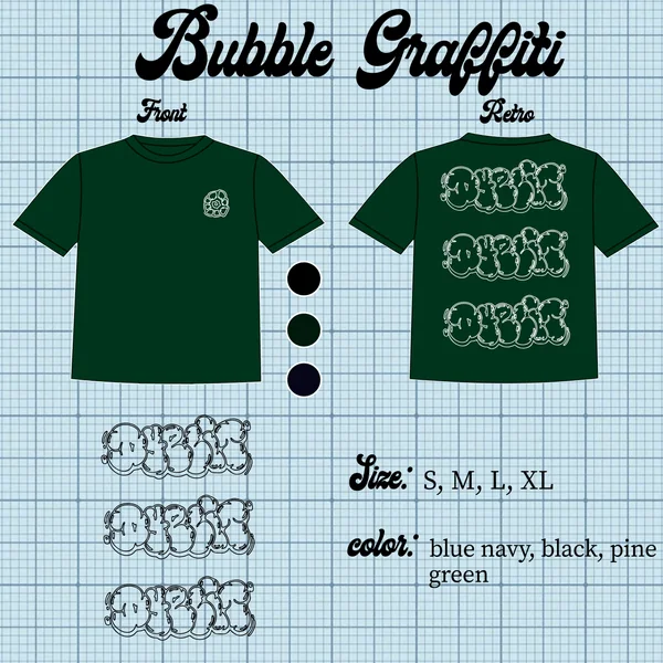 Scheda tecnica della t-shirt «Bubble Graffiti»: fronte e retro in verde pino, con taglie e colori.