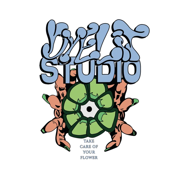 Il marchio «Dyelit Studio — take care of your flower»: la scritta a graffito sopra un fiore-rosetta con due mani.