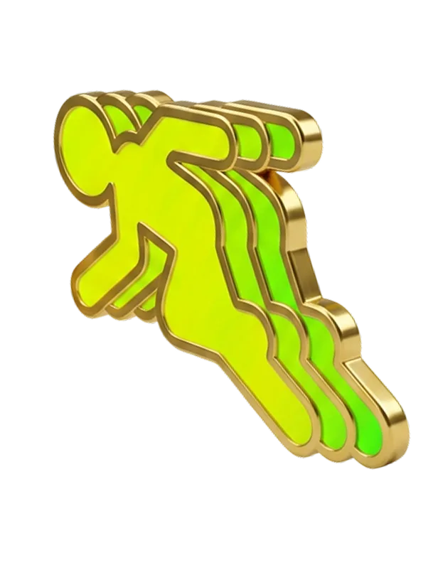 Spilla smaltata a forma di corridore giallo e verde, con la scia, bordo dorato.