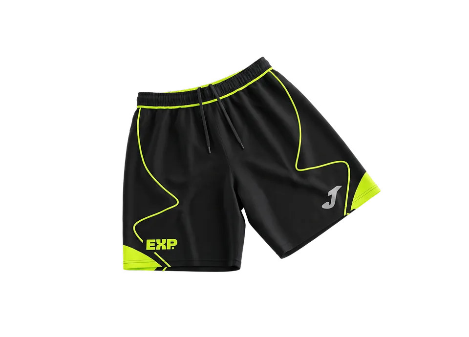 Pantaloncini sportivi neri con i profili giallo acido e il logo EXP.