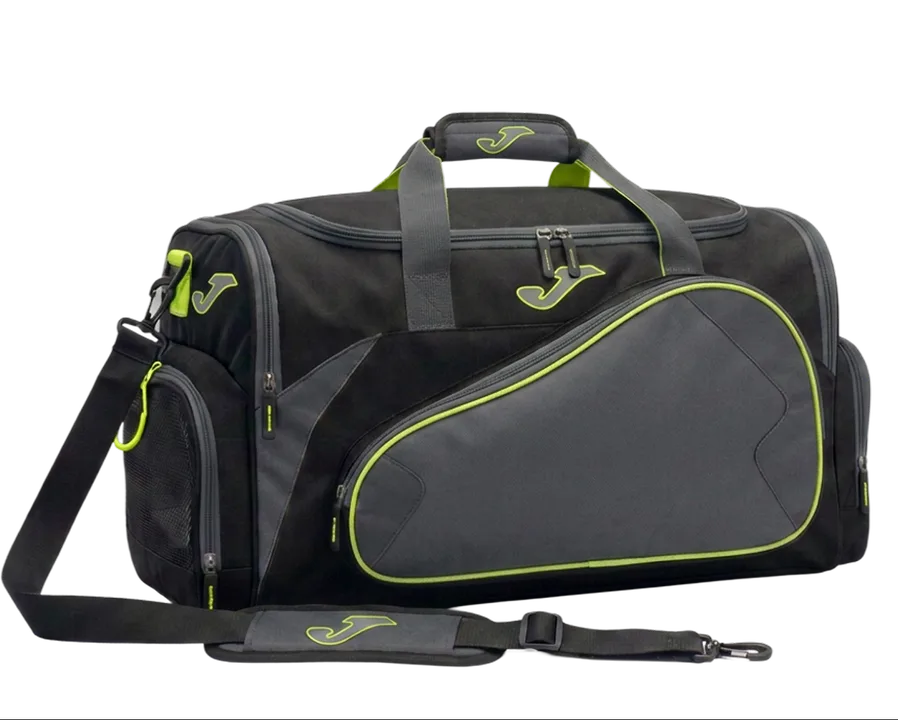 Borsa sportiva grigia e nera con i profili giallo acido.