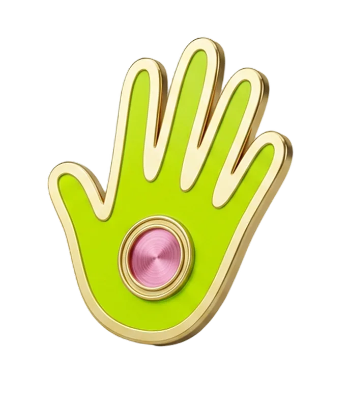 Spilla smaltata a forma di mano gialla con un bottone rosa sul palmo, bordo dorato.