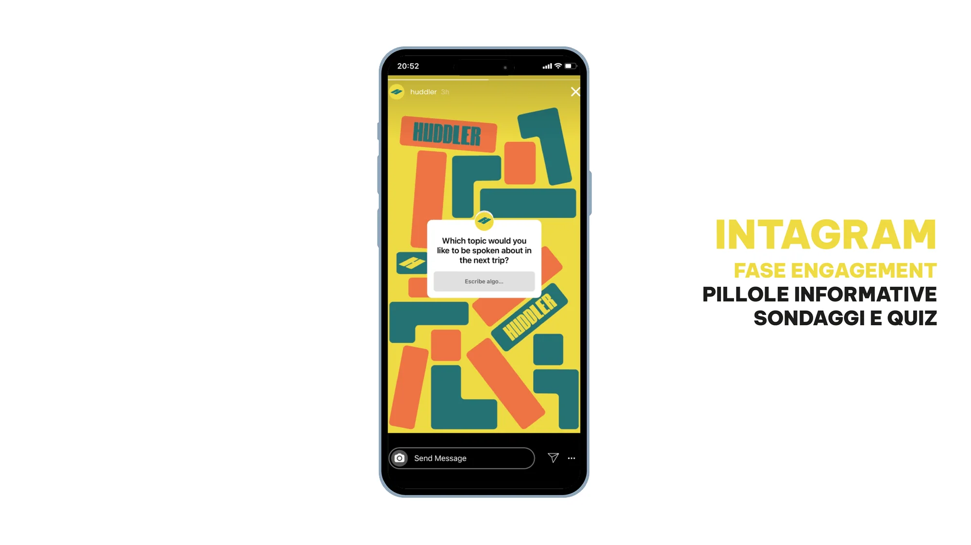 Instagram, fase di engagement: un telefono mostra un sondaggio su fondo a blocchi colorati, accanto alle note su pillole informative, sondaggi e quiz.