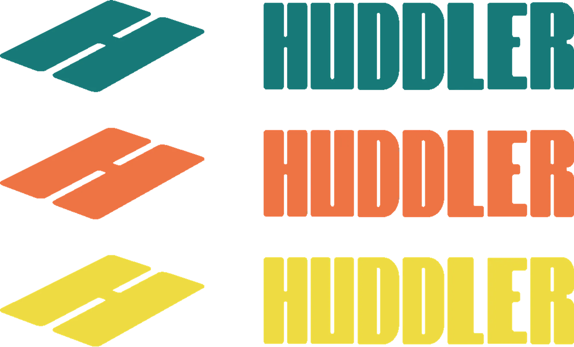 Le tre declinazioni del logo Huddler, in petrolio, arancio e giallo, ognuna accanto alla scritta HUDDLER dello stesso colore.