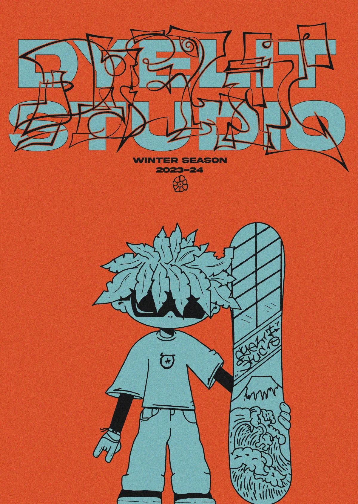 Poster Dyelit Studio winter season 2023-24 in azzurro su fondo arancione, con il personaggio dalla testa di fiore e lo snowboard.