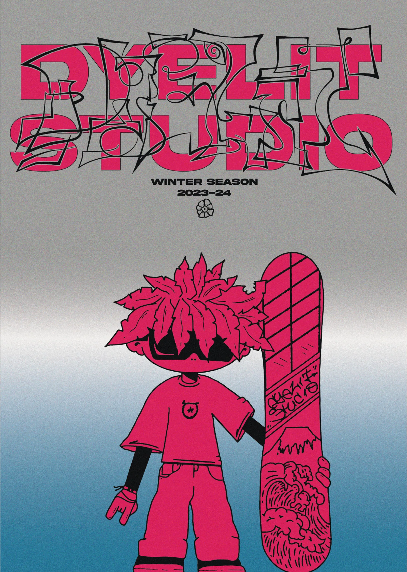 Poster Dyelit Studio winter season 2023-24 in rosa su fondo grigio, con il personaggio dalla testa di fiore e lo snowboard.