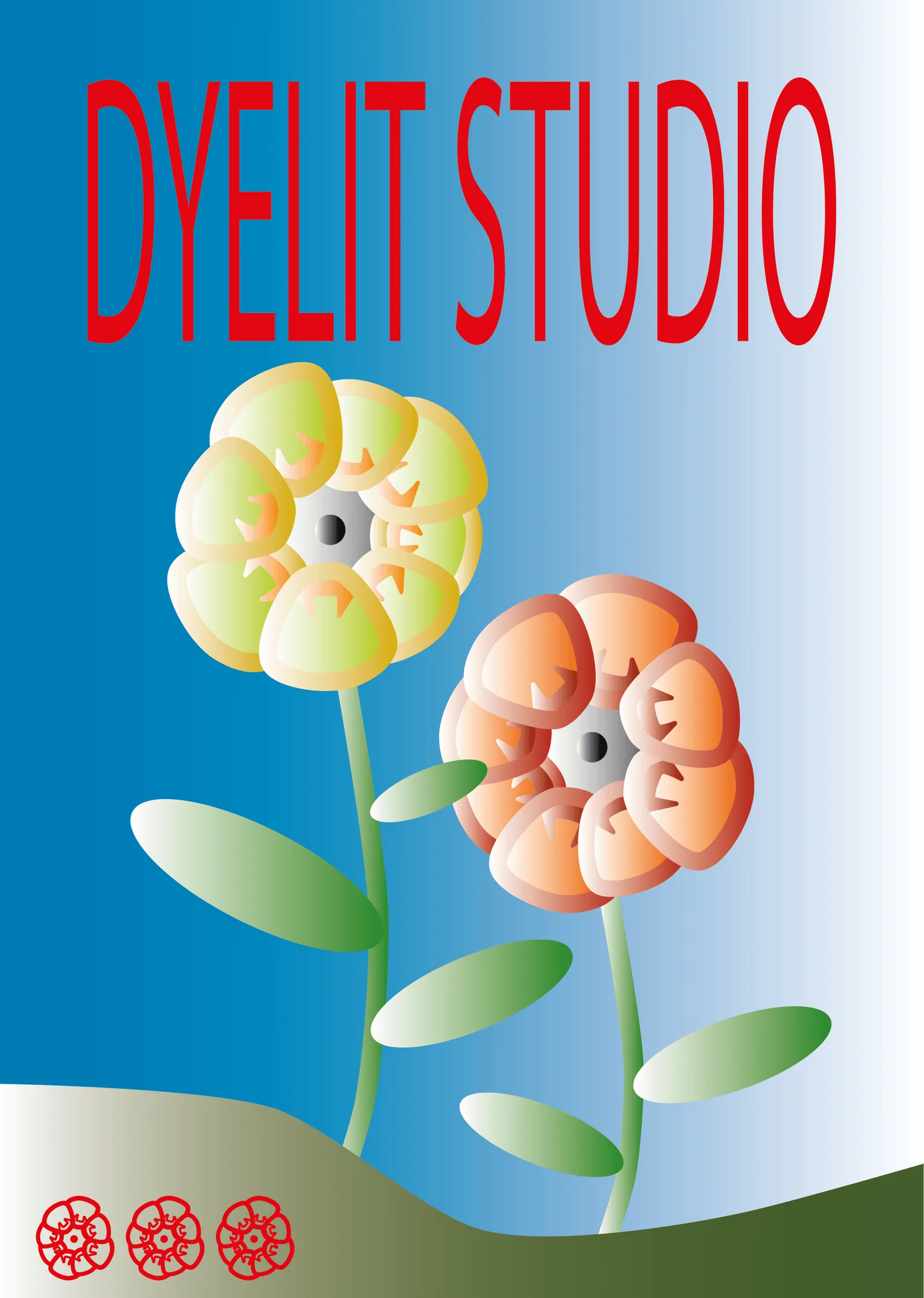 Poster Dyelit Studio a colori: due fiori giallo e arancione su prato verde e cielo azzurro.
