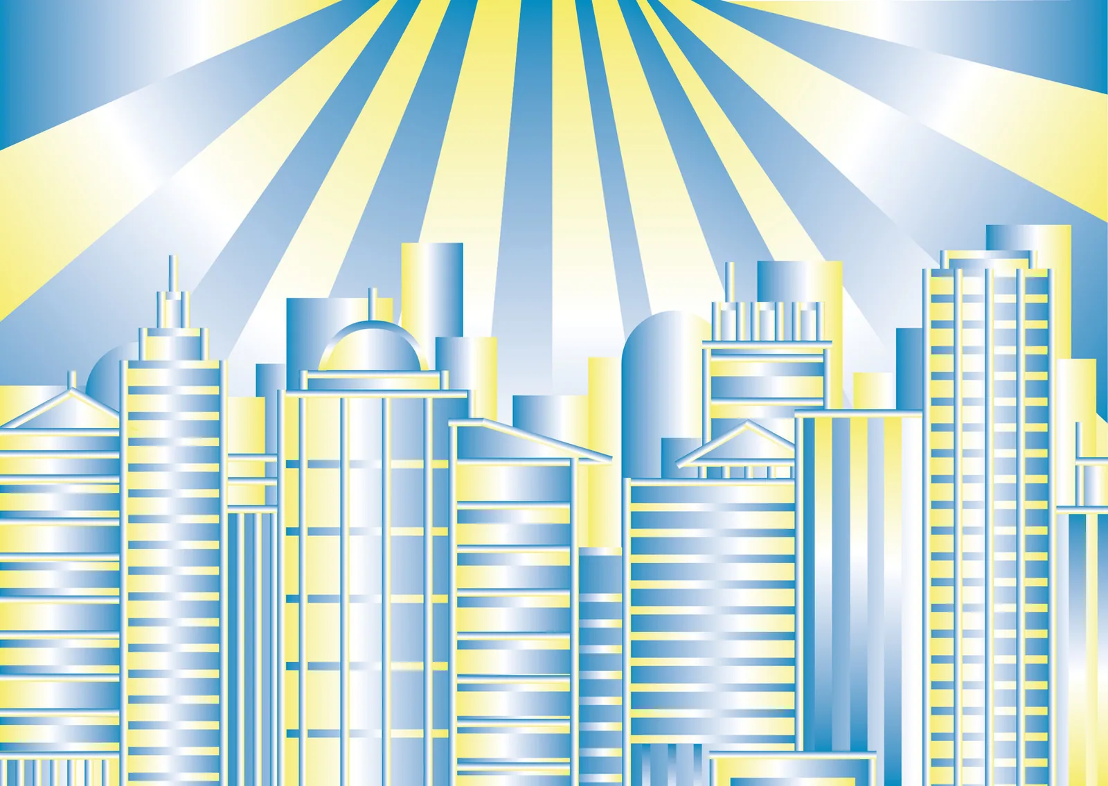 Poster World 2: una città di grattacieli azzurri e gialli sotto un sole a raggi.