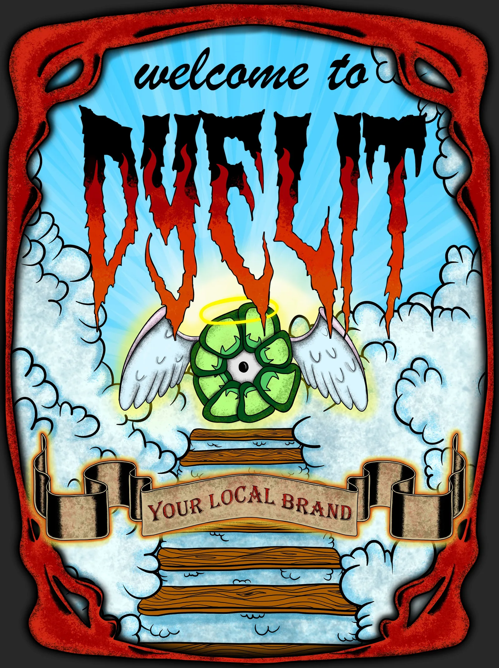 Poster «welcome to DYELIT — your local brand»: la rosetta con ali e aureola sopra una scala di legno, dentro una cornice rossa, su cielo azzurro con nuvole.