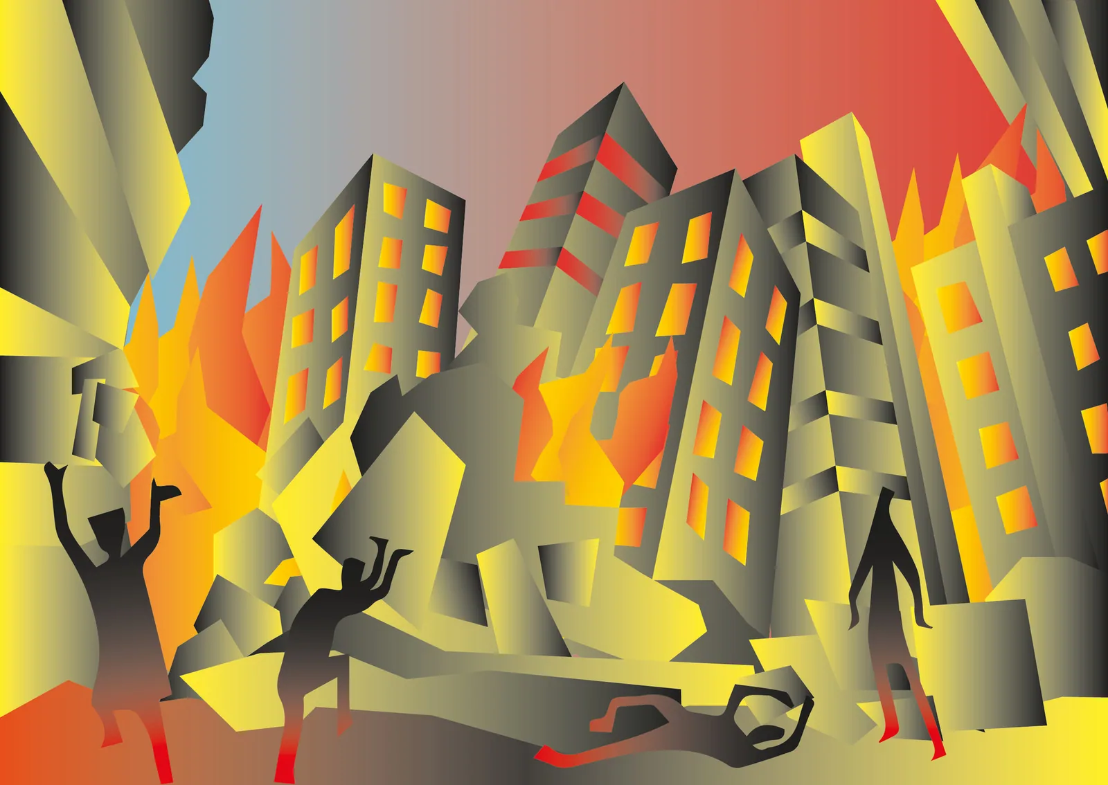 Poster World 1: una città che crolla in fiamme, in gialli, arancioni e rossi, con figure nere che fuggono.