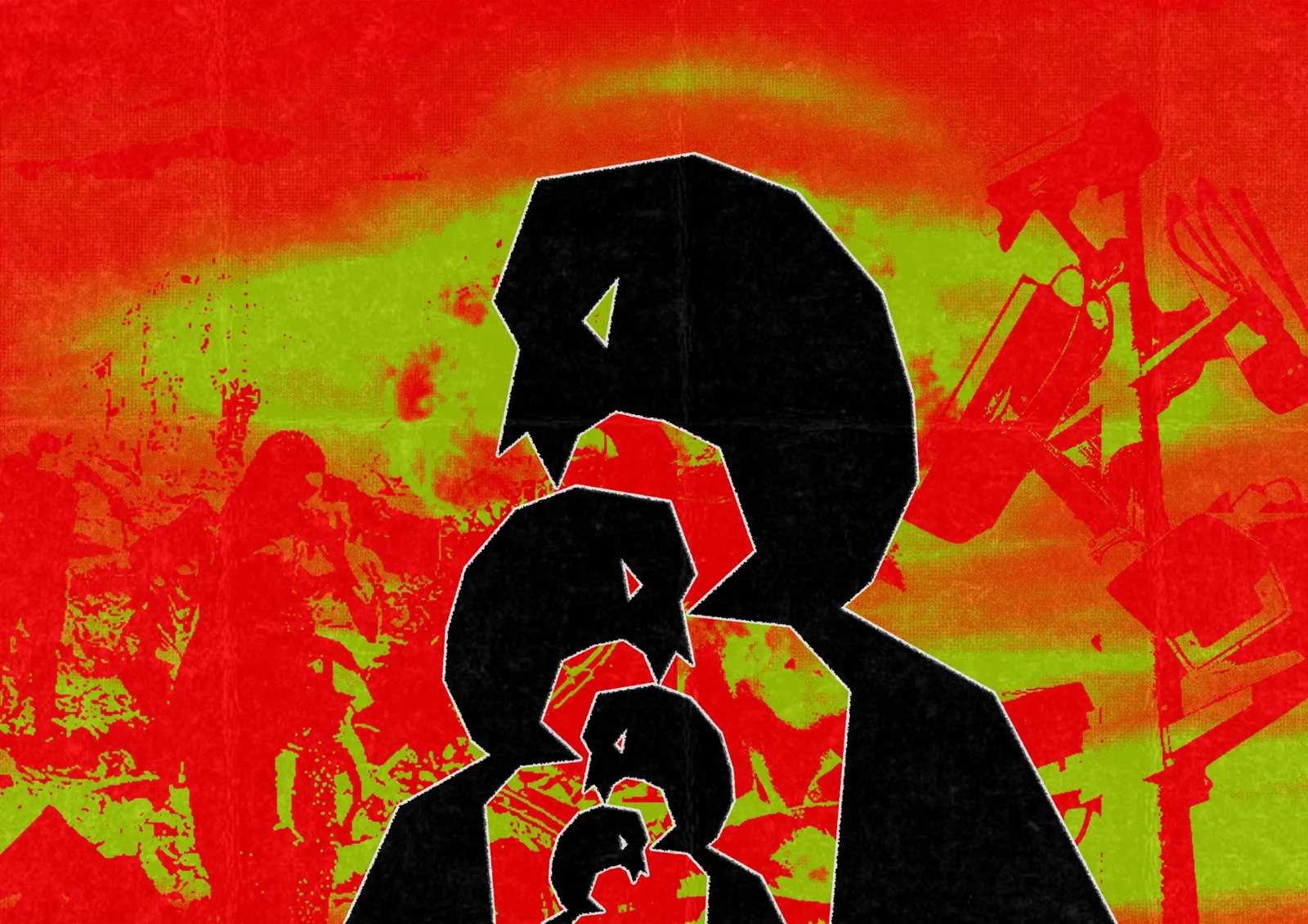 Figure nere accovacciate una dentro l'altra su fondo rosso e verde acido, sopra una folla.