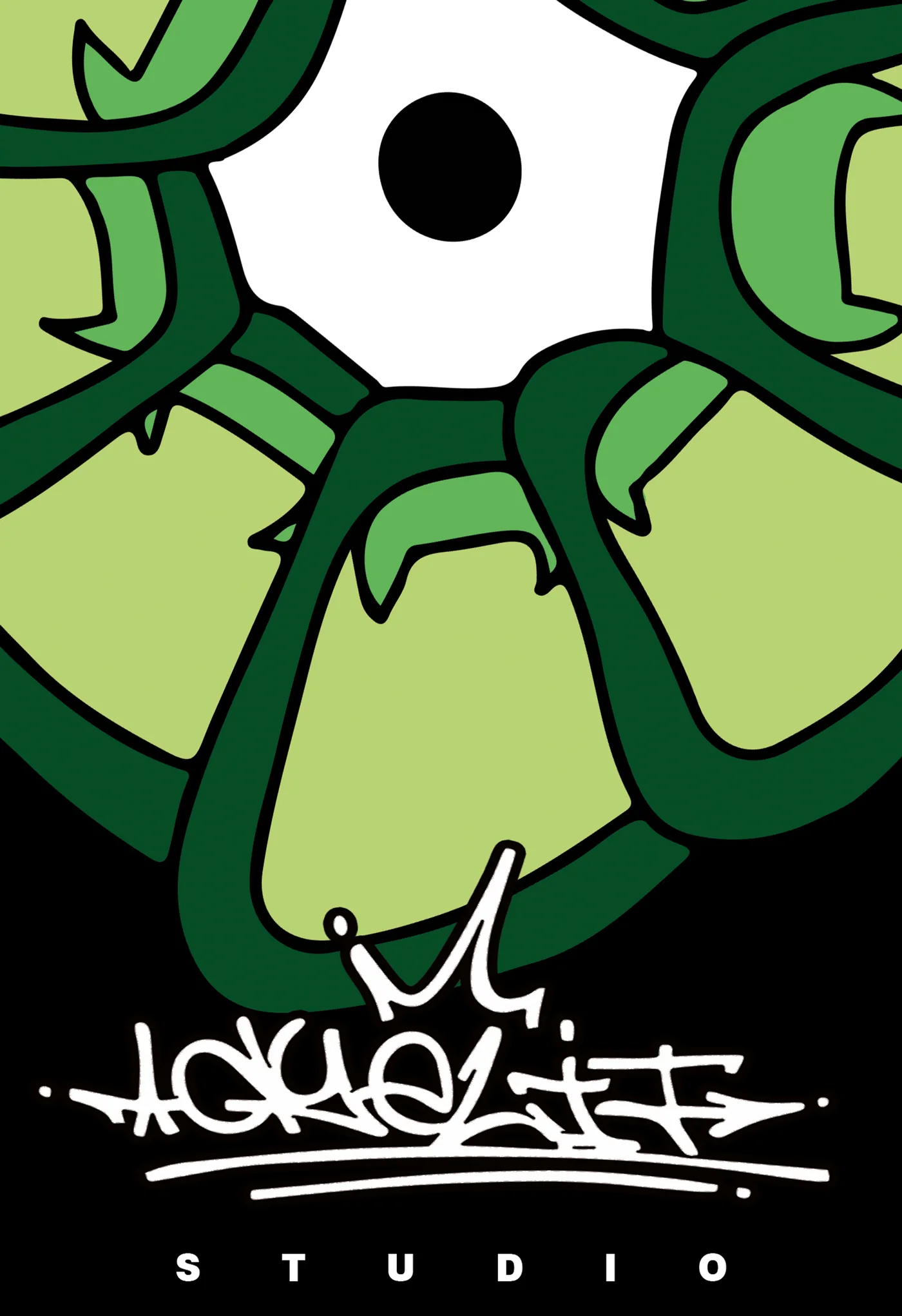 Logo Dyelit Studio: la rosetta verde su fondo nero con la scritta a graffito.