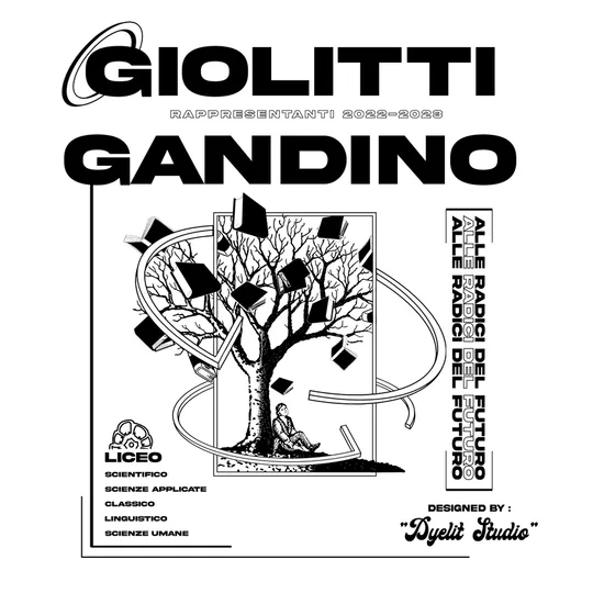 Grafica «Giolitti Gandino — alle radici del futuro» per il liceo, firmata Dyelit Studio: un albero da cui volano fogli.